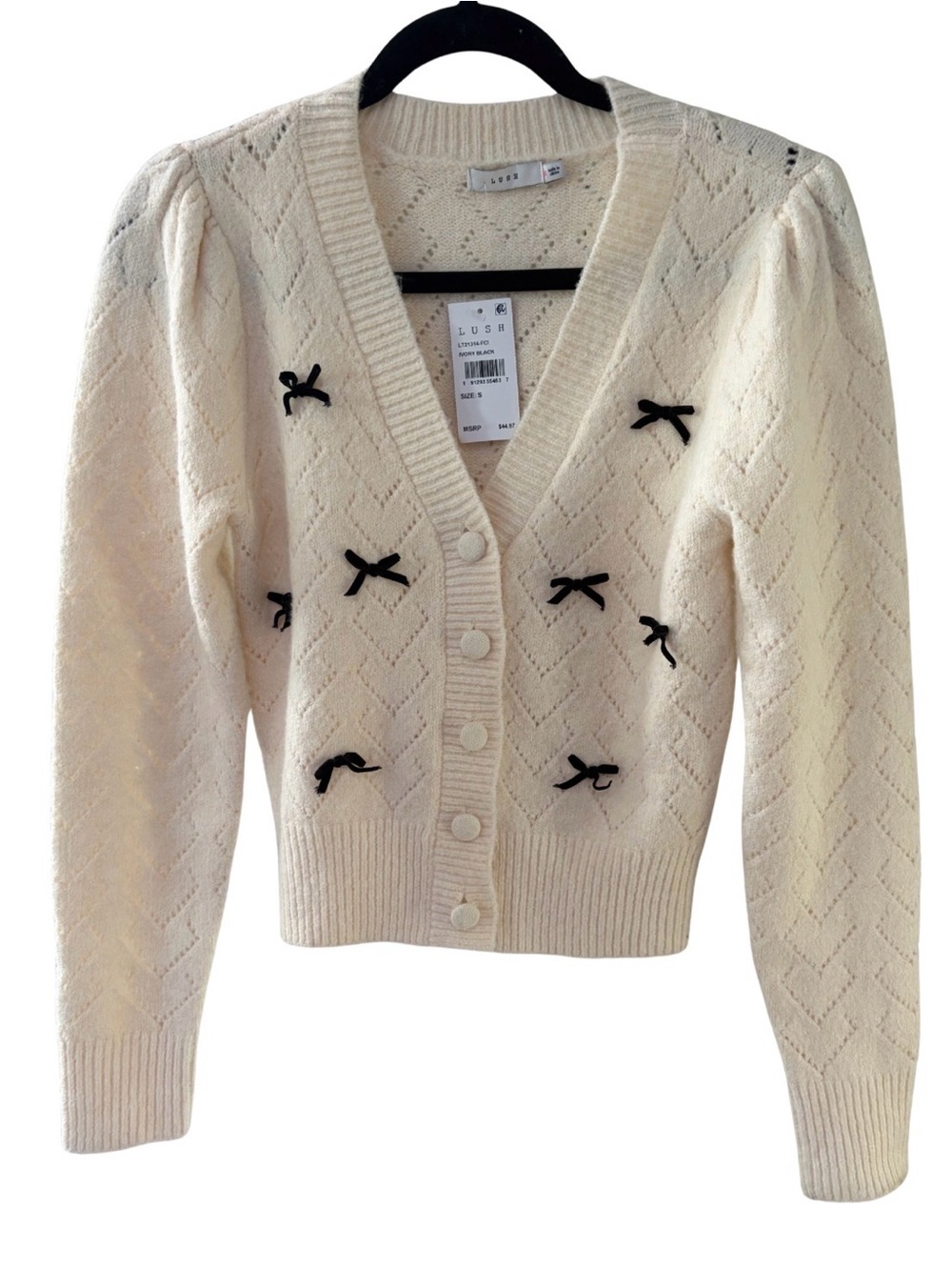 Lush Cream V-Neck Cardigan with Black Bow Accents